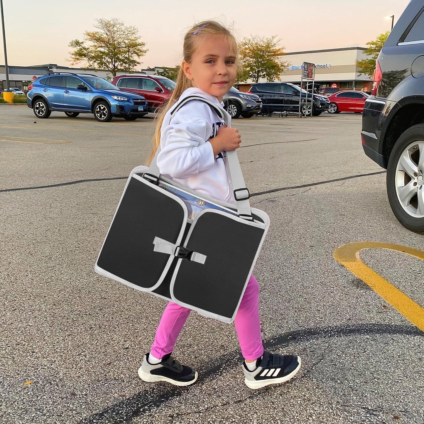 MENZOKE Car Seat Tray for Kids with Large Educational Drawing Board, Tablet Stand & Cooler Cup Holder, Essential for Family Road Trips, Airplane Rides & Daily Commutes, Black