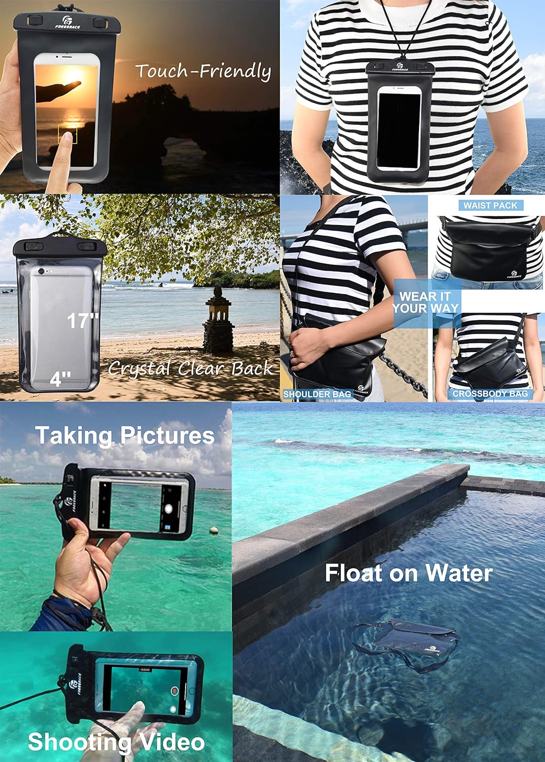 Freegrace Waterproof Dry Bags Set of 3 Dry Bag with 2 Zip Lock Seals & Detachable Shoulder Strap, Waist Pouch & Phone Case - Can Be Submerged Into Water - for Swimming (Sky Blue, 10L)