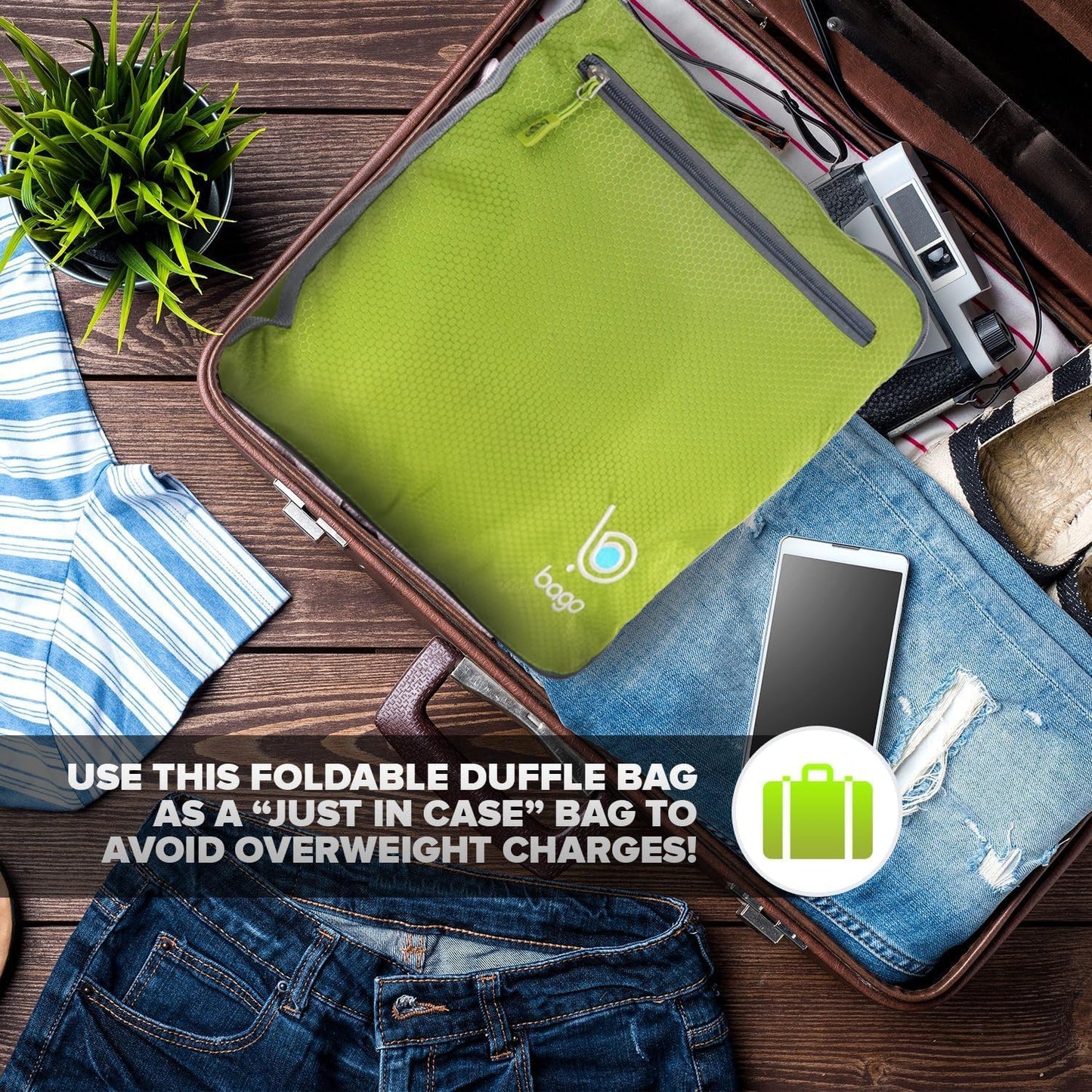 Bago Large Foldable Duffel Bags for Traveling Women & Men - 80L Packable Duffle Bag for Travel with Shoe Compartment - Water Repellant, Heavy Duty, Lightweight Folding & Collapsible (Green)