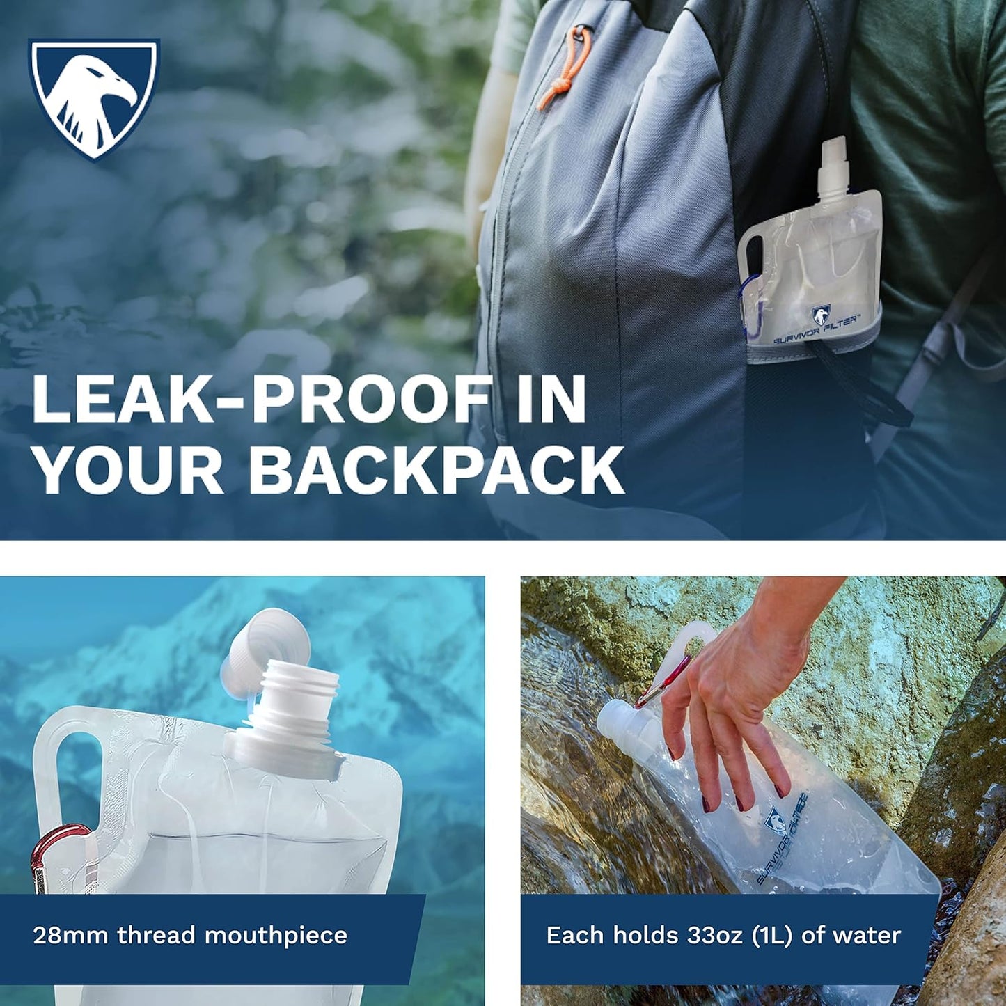 Survivor Filter Clear Collapsible Water Bottles - Travel, Hiking, Foldable, BPA-Free - 2 x