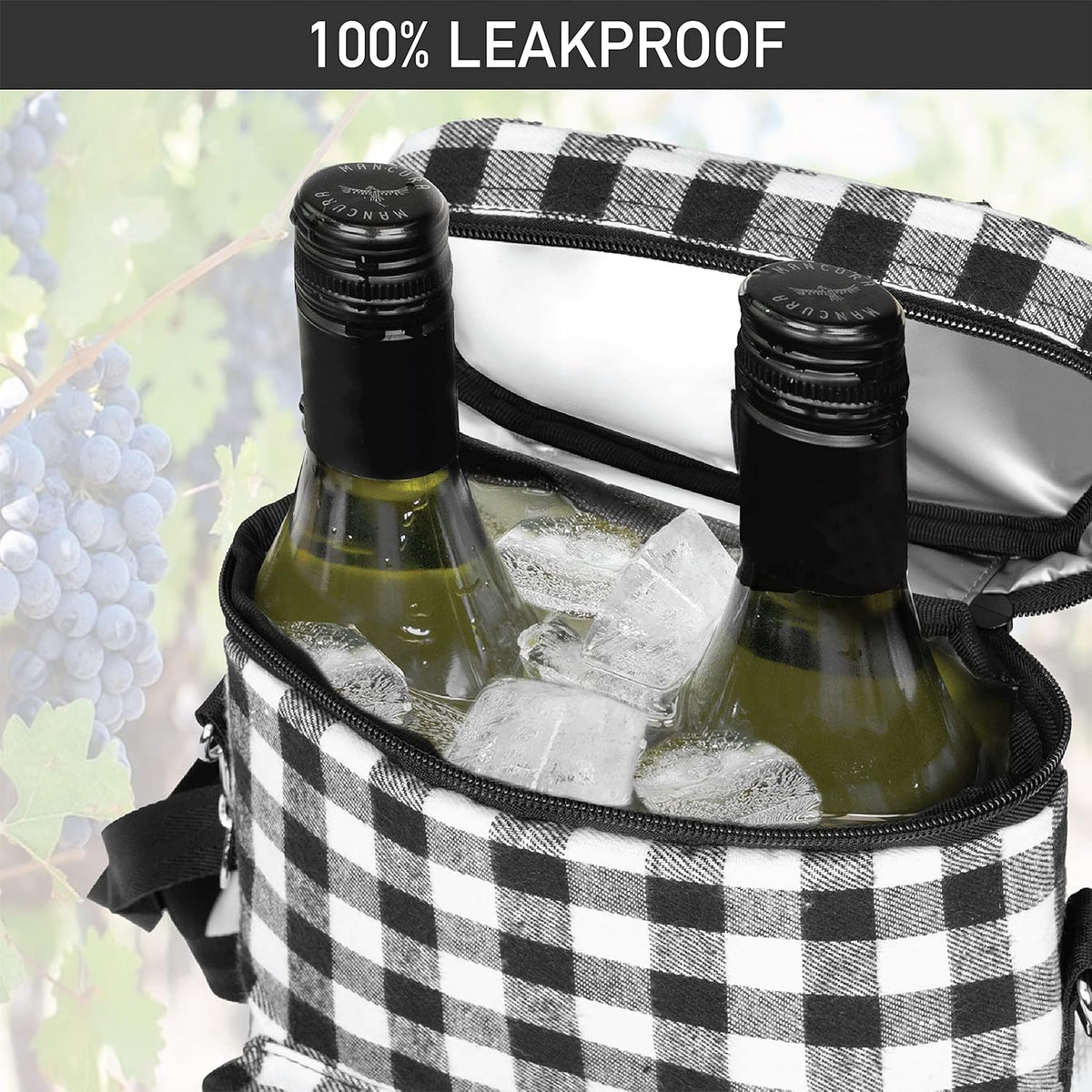 Opux 2 Bottle Wine Tote Carrier, Insulated Cooler Bag for Travel Picnic, Leakproof Padded Case, Wine Gifts for Women & Men, Plaid Buffalo White
