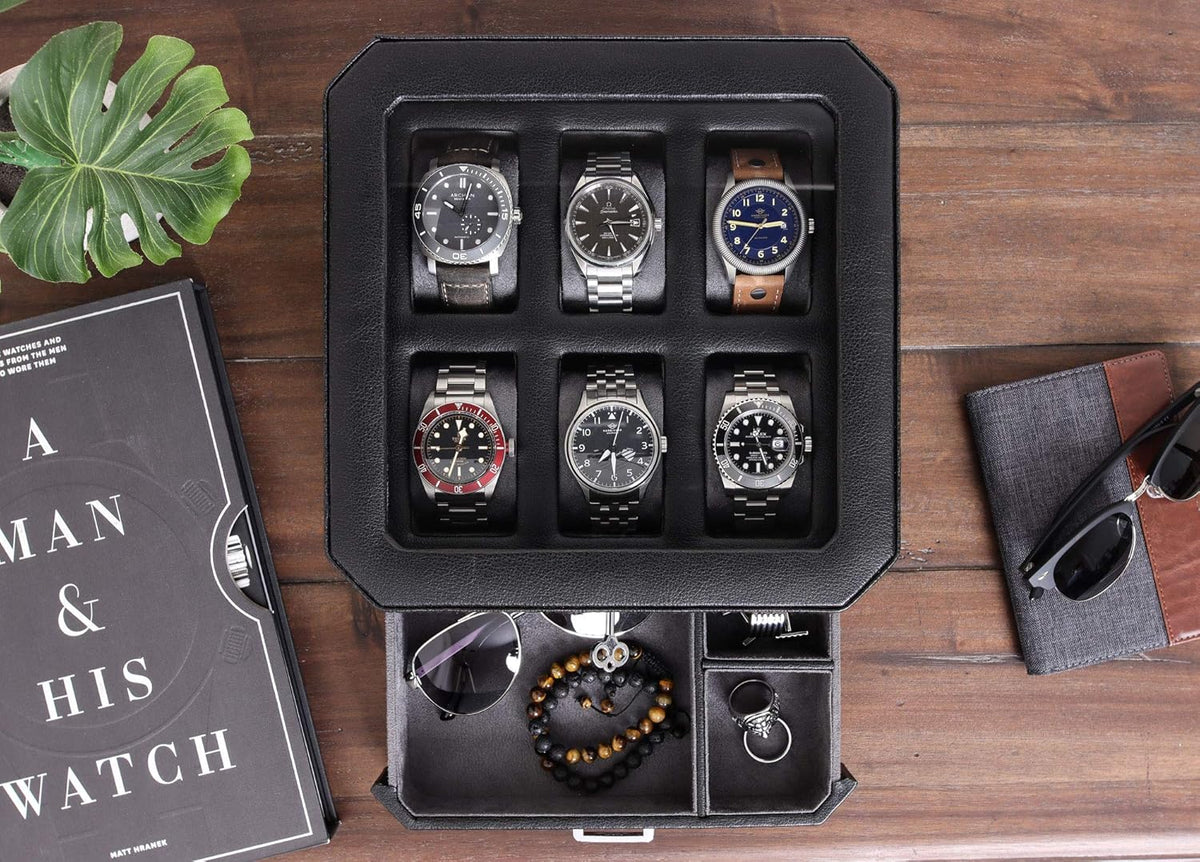 ROTHWELL Gift Box with 6 Slots Leather Watch Box and 2 Watches Travel Case - Storage Box Holder with Glass Top (Black/Grey Gift Box)