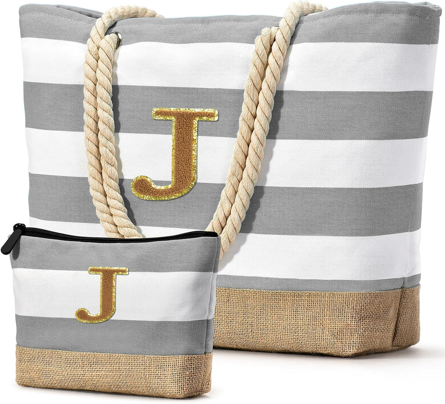 Becokan Beach Bag Initial Beach Tote with Makeup Bag for Travel Work Storage Personalized Birthday Gifts for Women Her