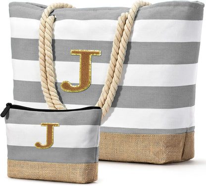 Becokan Beach Bag Initial Beach Tote with Makeup Bag for Travel Work Storage Personalized Birthday Gifts for Women Her