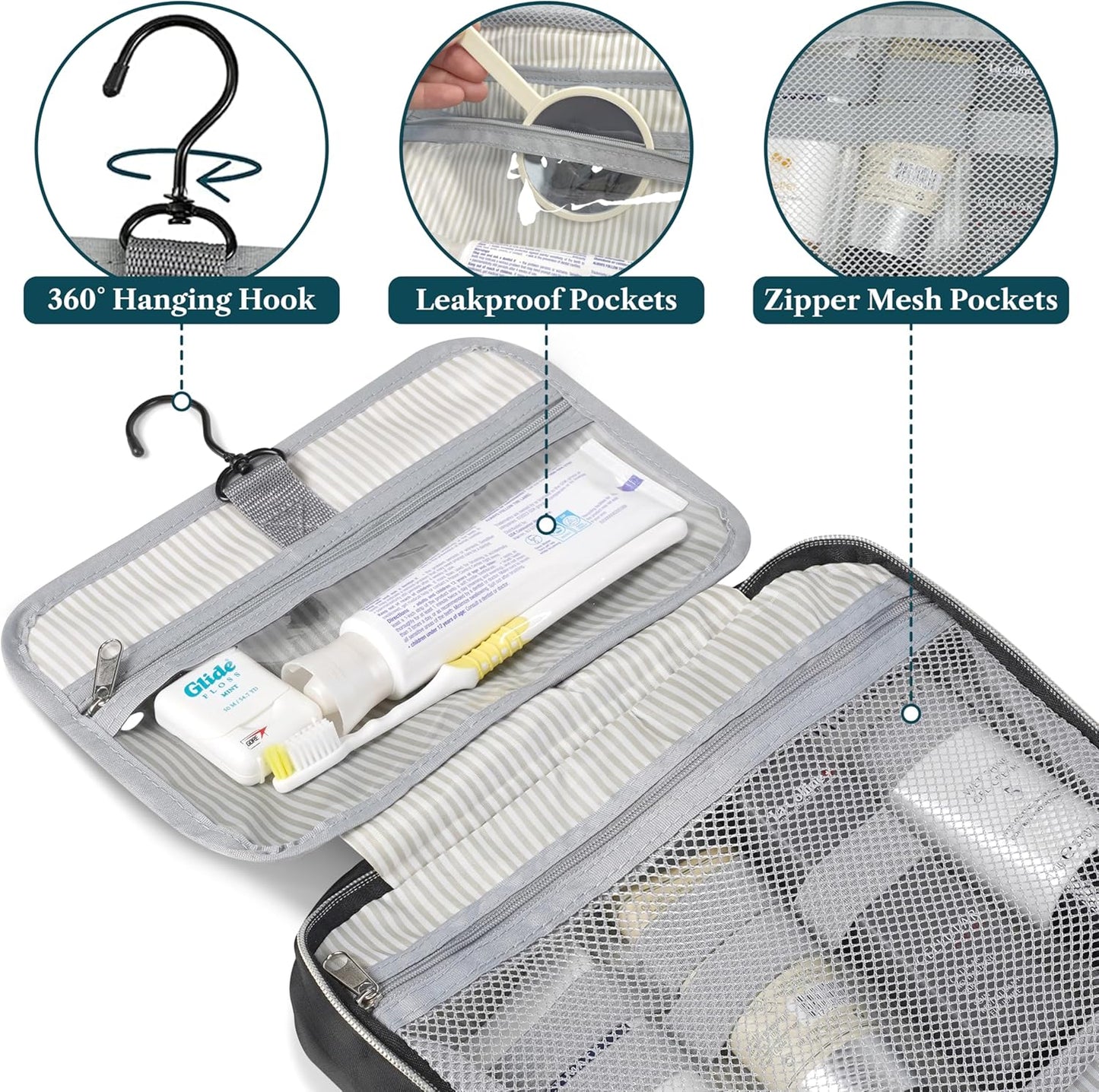 PAVILIA Hanging Toiletry Bag Travel Bag Women Men, Foldable Cosmetic Organizer, Roll up Makeup Bag, Water Resistant Accessories Toiletries, Large Travel Essentials Kit (Black Gold)