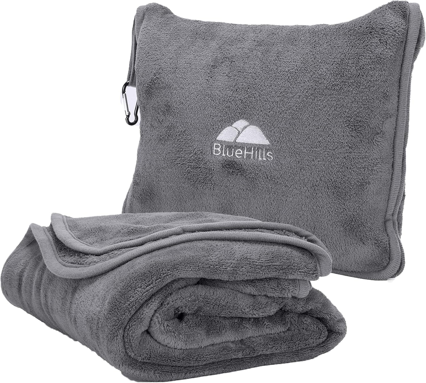 BlueHills Premium Soft Long Travel Blanket Pillow for Tall Airplane Flight Blanket Throw in Soft Bag case with Hand Luggage Belt & Backpack Clip Compact Pack Large Grey Gray T052