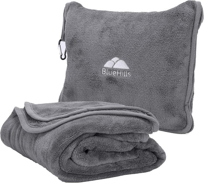 BlueHills Premium Soft Long Travel Blanket Pillow for Tall Airplane Flight Blanket Throw in Soft Bag case with Hand Luggage Belt & Backpack Clip Compact Pack Large Grey Gray T052