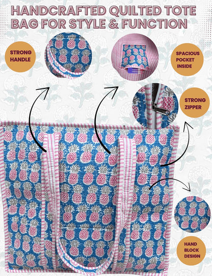 Cotton Quilted Tote Bag for Women – Large Beach & Travel Tote with Zipper, Reusable Grocery Bag