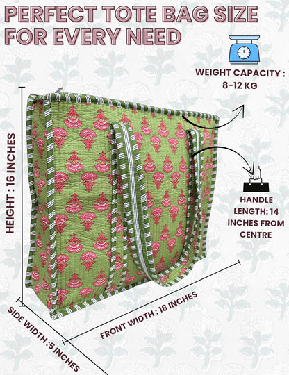 Cotton Quilted Tote Bag for Women – Large Beach & Travel Tote with Zipper, Reusable Grocery Bag