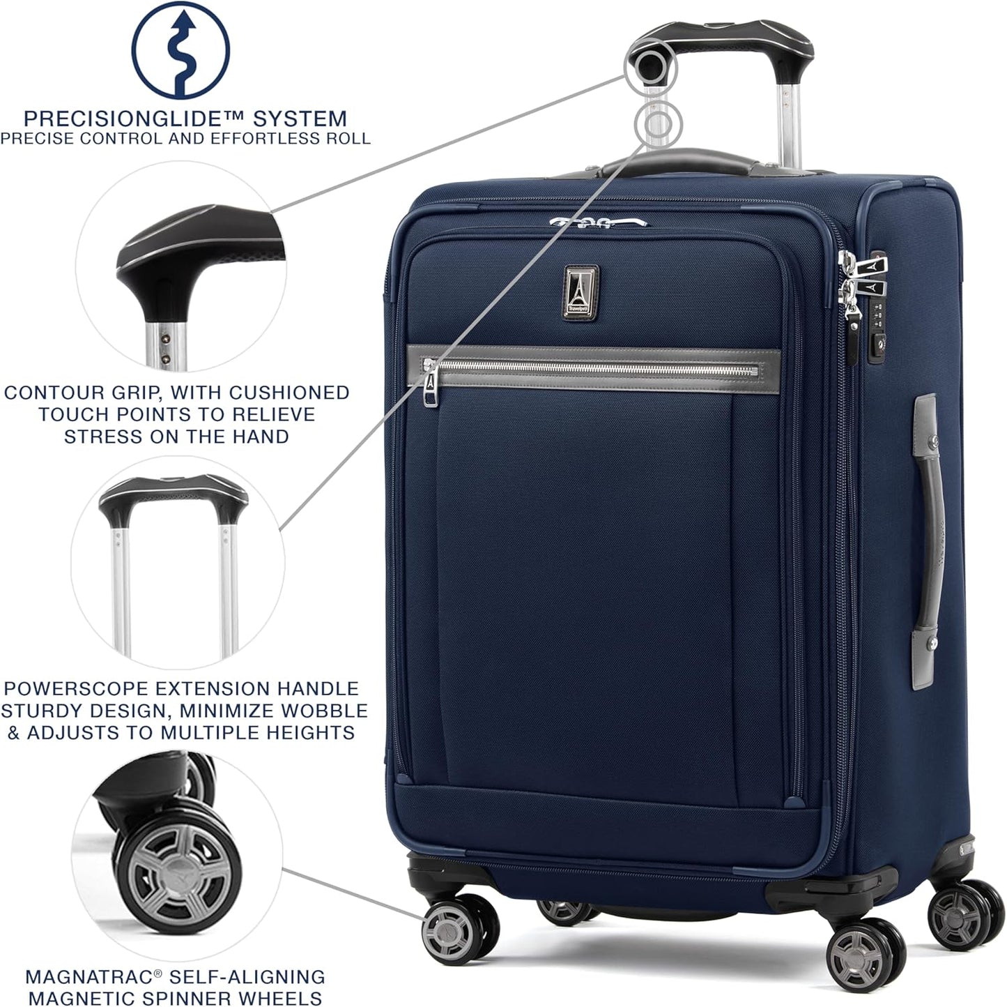 Travelpro Platinum Elite Softside Expandable Checked Luggage, 8 Wheel Spinner Suitcase, TSA Lock, Men and Women, Dark Blue, Checked Medium 25-Inch