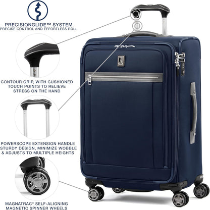 Travelpro Platinum Elite Softside Expandable Checked Luggage, 8 Wheel Spinner Suitcase, TSA Lock, Men and Women, Dark Blue, Checked Medium 25-Inch