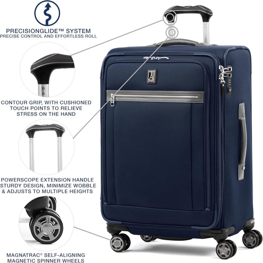 Travelpro Platinum Elite Softside Expandable Checked Luggage, 8 Wheel Spinner Suitcase, TSA Lock, Men and Women, Dark Blue, Checked Medium 25-Inch
