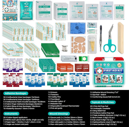 225 Pieces Portable First Aid Kit for Minor Wound Care, Includes Adhesive Bandages, Wound Gauze Pads, Ideal for Home, Car & On-The-Go