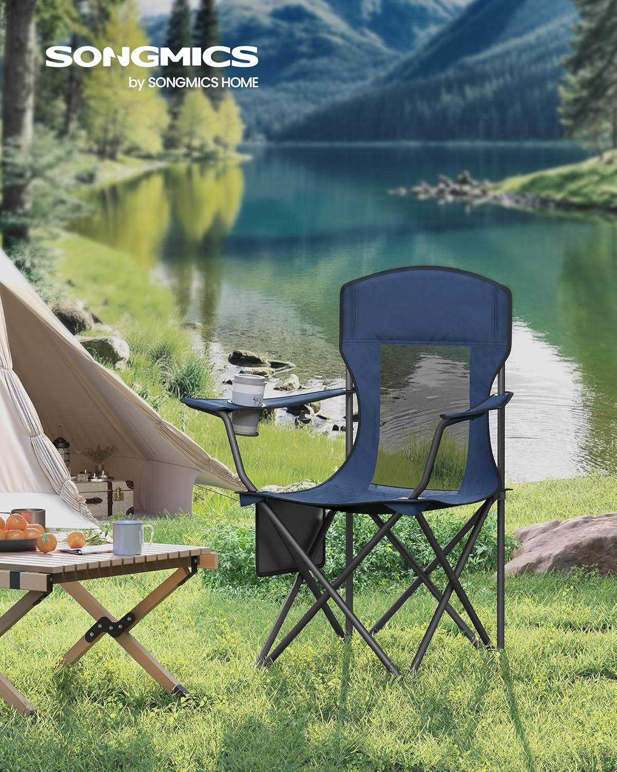 SONGMICS Breathable Camping Chairs, Foldable Outdoor Chairs Set of 2, High Back, Adjustable Armrests, Drink Holder, Weight Capacity 330 lb, for Sports Garden Backyard, Harbor Blue UGCB028Q01