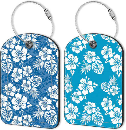 2 PCS Leather Luggage Tags for Suitcase Blue Hibiscus Travel Luggage Tag with Privacy Flap Name ID Label and Metal Loop for Travel Bag Suitcase