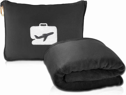 EverSnug Travel Blanket and Pillow - Ultra-Soft, Compact & Lightweight, 65x40 Inches, with Carry Case, Luggage Sleeve & Backpack Clip for Airplane Comfort (Black)