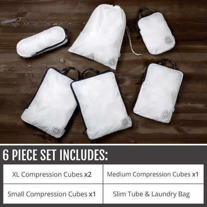 Large Compression Packing Cubes 6 Piece Set for Travel with Lightweight Laundry Bag for Carry-On Suitcase by TRIPPED Travel Gear (White)