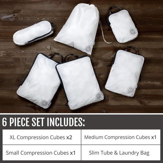 Large Compression Packing Cubes 6 Piece Set for Travel with Lightweight Laundry Bag for Carry-On Suitcase by TRIPPED Travel Gear (White)