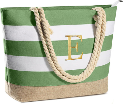 YOOLIFE Initial Canvas Waterproof Beach Tote Bag Zipper Personalized Gifts for Women Her Birthday Travel Beach Essential