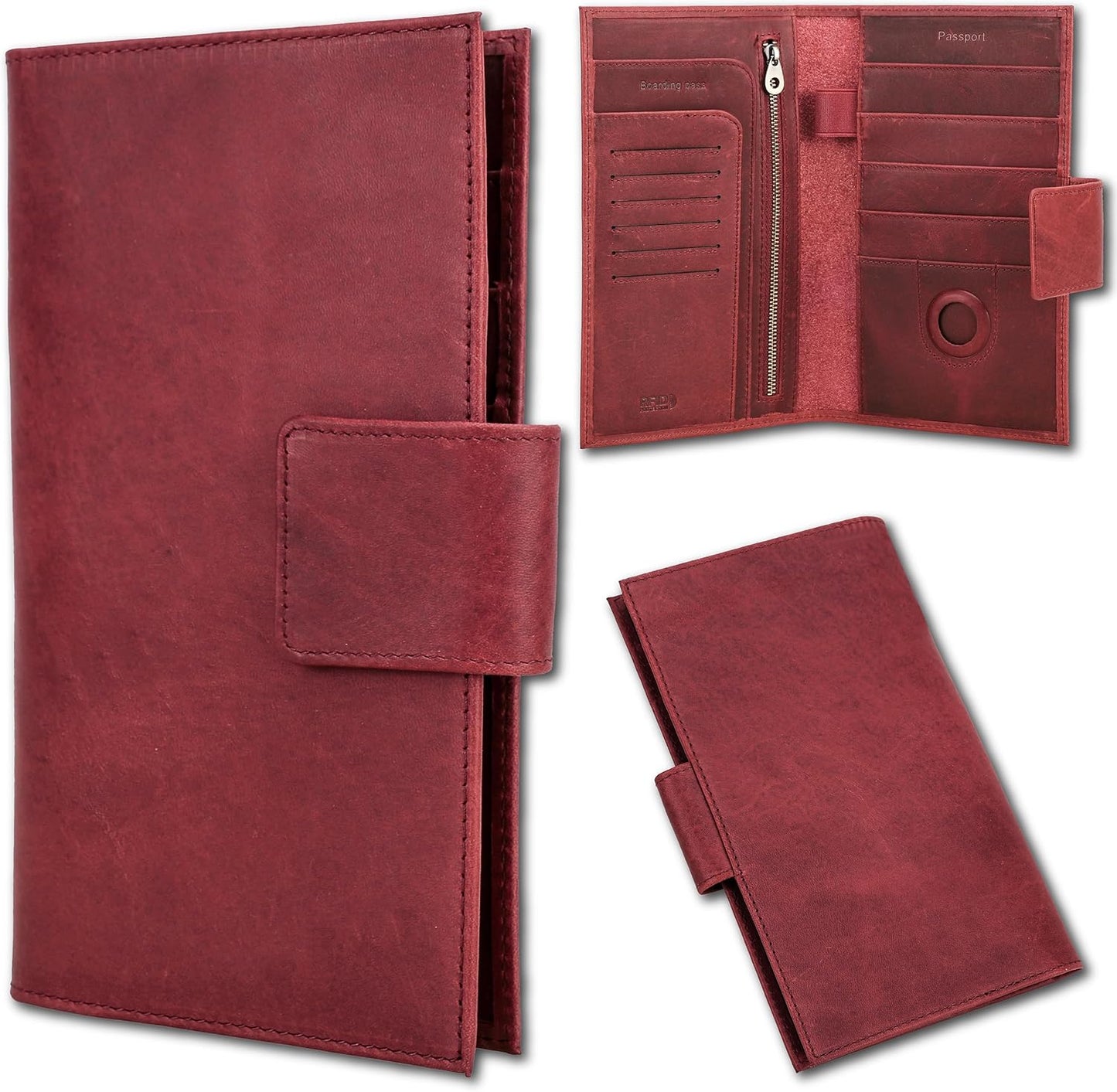 Top Grain Leather Travel Passport Wallet Holder for Man & Woman, Snap Button Design for 4 Passports & Multi Cards, RFID Blocking Large Capacity for Passports/Cards/Checks/Bills, Burgundy