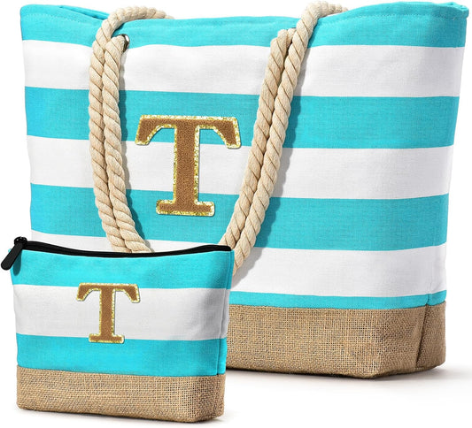 Becokan Beach Bag Initial Beach Tote with Makeup Bag for Travel Work Storage Personalized Birthday Gifts for Women Her