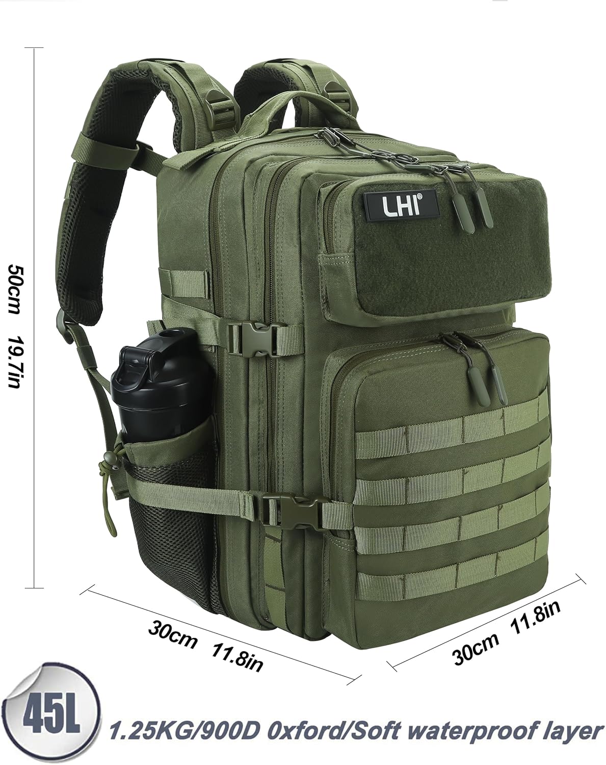 LHI Military Tactical Backpack for Men and Women 45L Army 3 Days Assault Pack Bag Large Rucksack with Molle System - Green