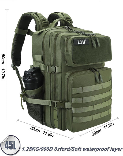 LHI Military Tactical Backpack for Men and Women 45L Army 3 Days Assault Pack Bag Large Rucksack with Molle System - Green