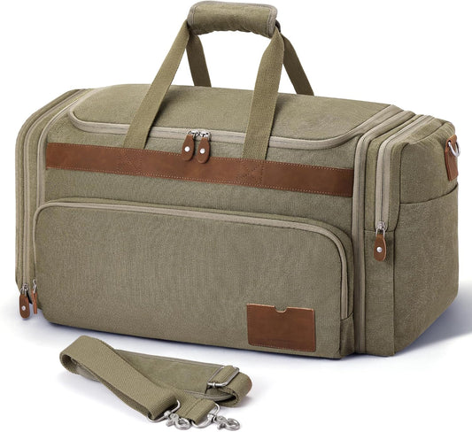SHOWKOO Duffle Bag for Travel 60L Expandable Canvas Travel Bag Durable Vintage Weekender Overnight Carry On Bag for Men(Army Green)