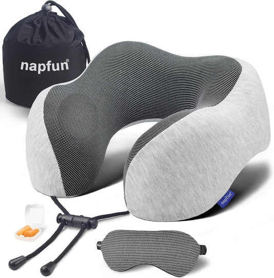 napfun Neck Pillow for Traveling, Travel Neck Pillow for Airplane 100% Pure Memory Foam Travel Pillow for Flight Headrest Sleep, Portable Plane Accessories, Light Grey Set