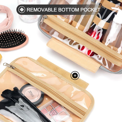 Travel Hanging Toiletry Bag for Women, Holds Full-Size Shampoo, with Jewelry Organizer Compartment, Extra Large Makeup Bag, Waterproof Cosmetic Bag, Toiletries Kit Set with Trolley Belt, Grey