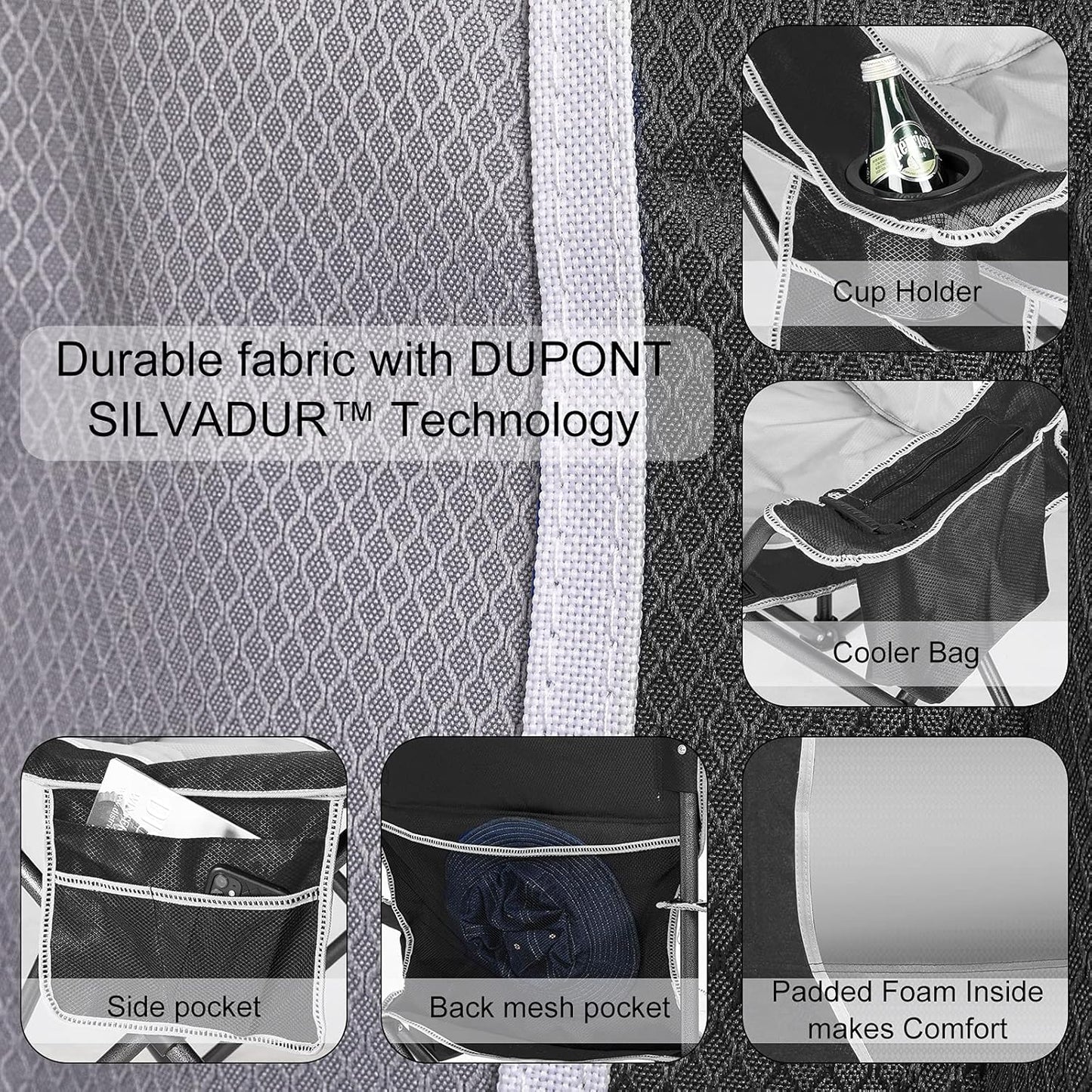 Padded Camping Chairs for Adults, Oversized Folding Outdoor Chairs, Weight Capacity 475lbs, with Cooler Bag, Cup Holder, Storage Pocket Carry Bag (Black - 2 Pack)