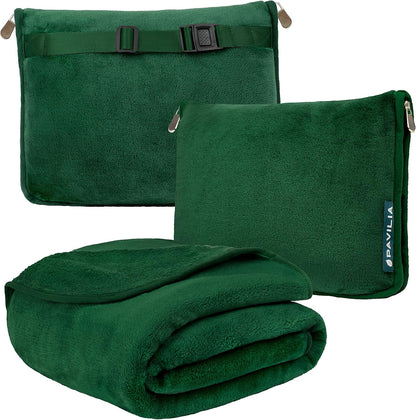 PAVILIA Travel Blanket Pillow, Soft Airplane Blanket 2-in-1 Combo Set, Plane Blanket Compact Packable, Flight Essentials Car Pillow, Travelers Gifts Accessories, Luggage Backpack Strap, 60x43 Green