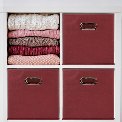 Household Essentials Fabric Storage Cube Bins, 6 Piece Set, Strong Poly-Woven Fabric, Chipboard Sides, Grommet Front Handle, Stackable and Foldable, Classic Design, Burgundy