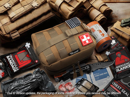 Survival First Aid Kit with Israeli Bandage, Splint, Chest Seal, Tactical Military Combat Molle IFAK for Wound Care, Bleeding Control, Trauma Hemorrhage and More
