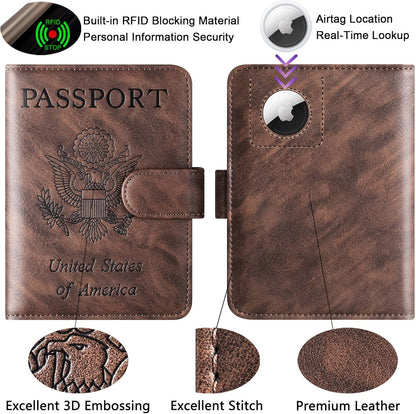 Airtag Passport Holder Cover Wallet Travel Essentials Leather Rfid Blocking Case Vacation Luggage Must Haves Travel Accessories for Men Women (117#Coffee)