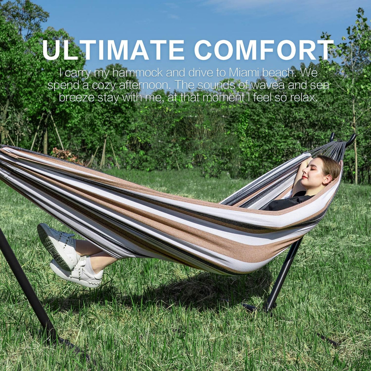 PNAEUT Double Hammocks with Stand for Outside, Portable Space Saving Heavy-Duty Steel Stand for Indoor Outdoor Patio with Carrying Bag, 450 lbs Capacity (Coffee)
