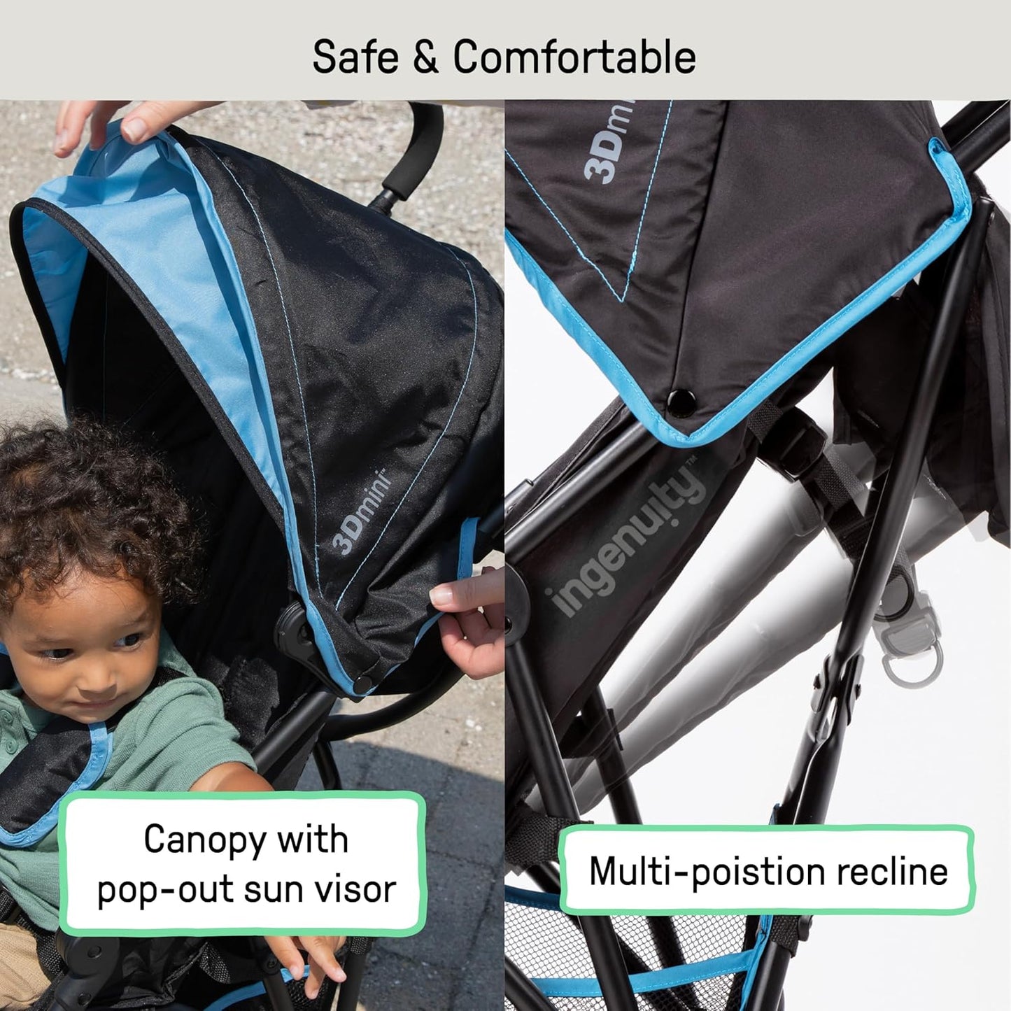 Ingenuity 3D Mini Convenience Stroller – Lightweight Stroller with Compact Fold, Multi-Position Recline, Canopy with Pop Out Sun Visor – Umbrella Stroller for Travel & More, Blue/Black