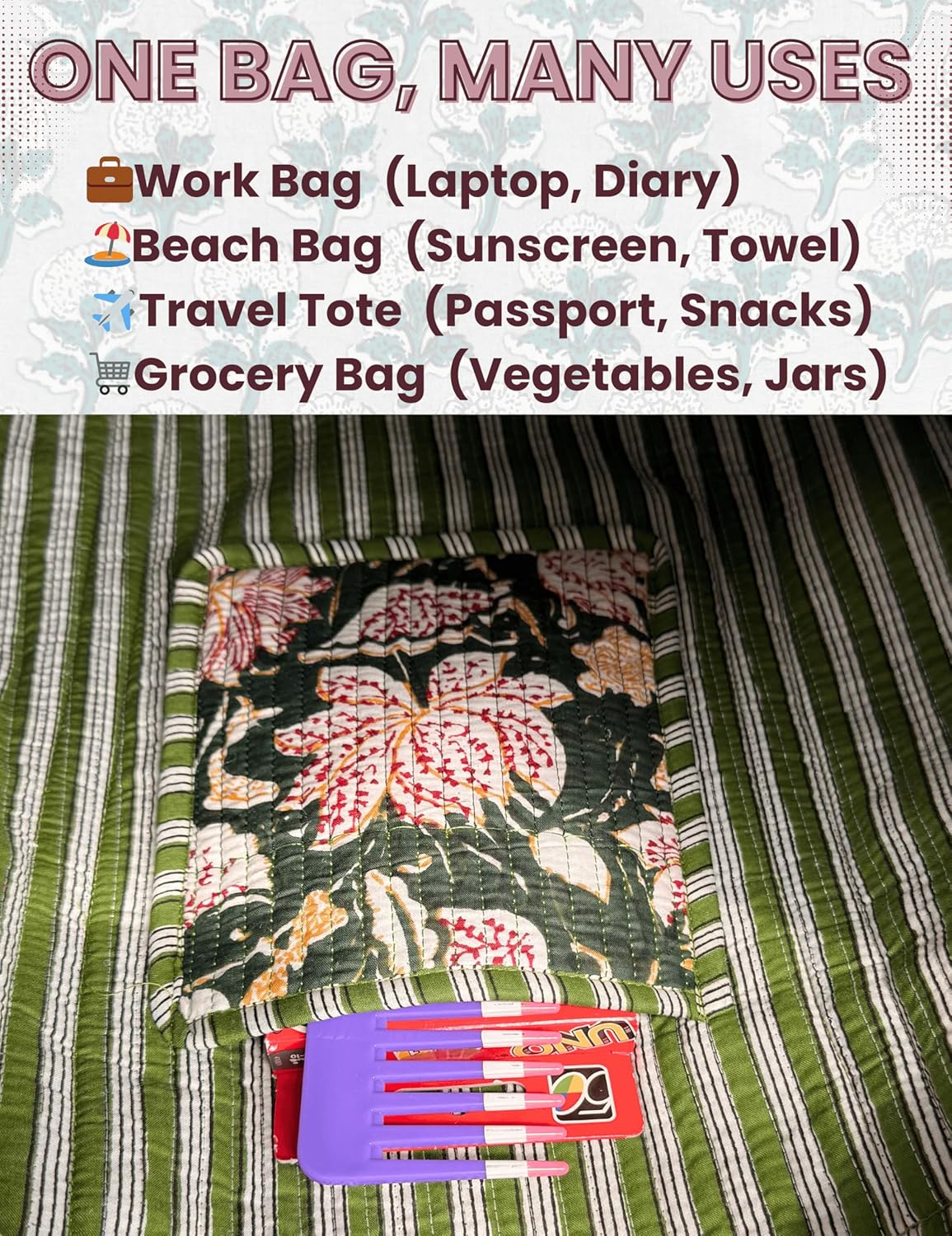 Cotton Quilted Tote Bag for Women – Large Beach & Travel Tote with Zipper, Reusable Grocery Bag