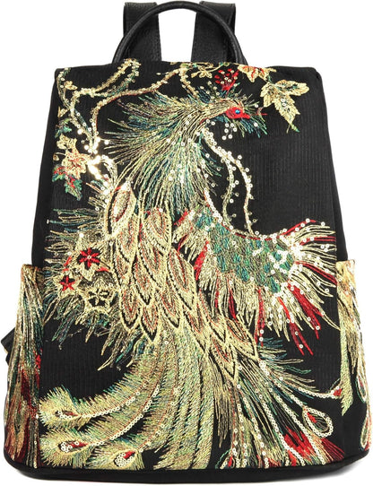 Jursccu Glitter Embroidery Women Backpack Purse, Fashion Canvas Travel Anti-theft Rucksack Shoulder Bag (Black)