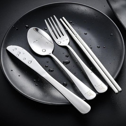 Boulder Bee Travel Utensils Set | Reusable Camping Cutlery Set | Stainless Steel Flatware Set | Portable Silverware Set with Case | Includes Knife/Fork/Spoon/Chopsticks/Cleaning Cloth/Case (Sliver)