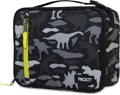 PackIt Freezable Classic Lunch Box, Dino Camo Charcoal, Built with EcoFreeze Technology, Collapsible, Reusable, Zip Closure With Zip Front Pocket and Buckle Handle, Designed for Lunches