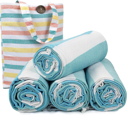 HILLFAIR Cotton Turkish Beach Towels, Quick Dry Lightweight Sand Free Peshtemal Towel for Bath Swim Yoga Spa Travel, Beach Accessories, Oversized Cotton Turkish Towels (39 x 72 inch- 4 Pack Sea)