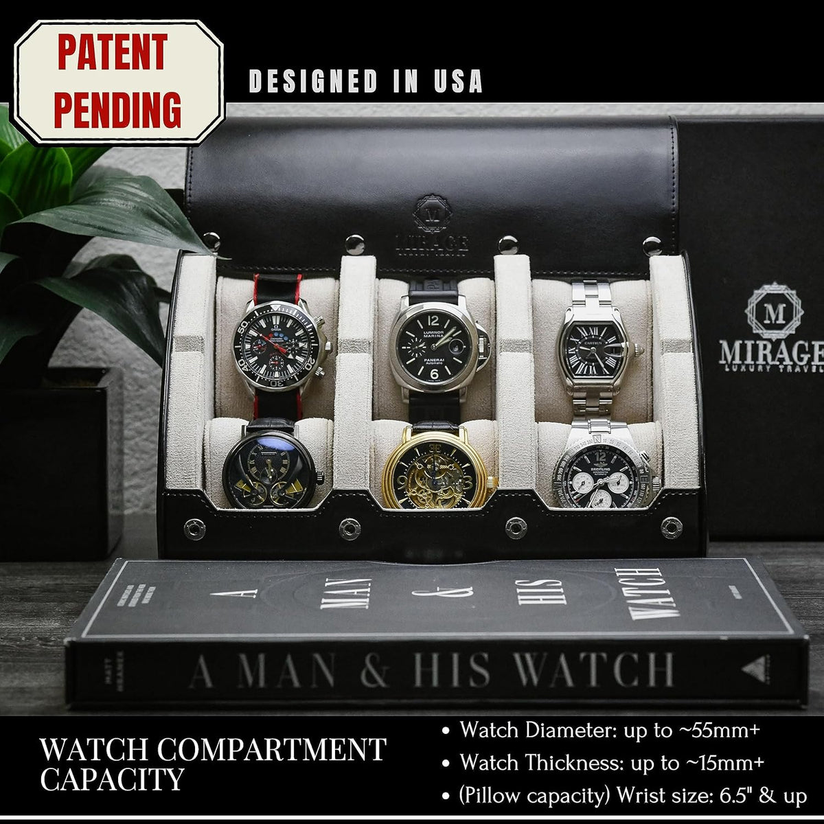 M Mirage Luxury Travel 6 watch display case organizer - Jade Black & Ivory White