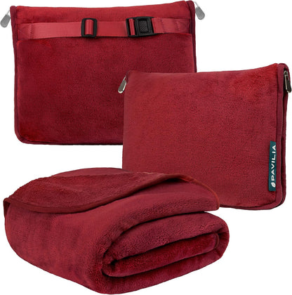 PAVILIA Travel Blanket Pillow, Soft Airplane Blanket 2-in-1 Combo Set, Plane Blanket Compact Packable, Flight Essentials Car Pillow, Travelers Gifts Accessories, Luggage Backpack Strap, 60x43 Red