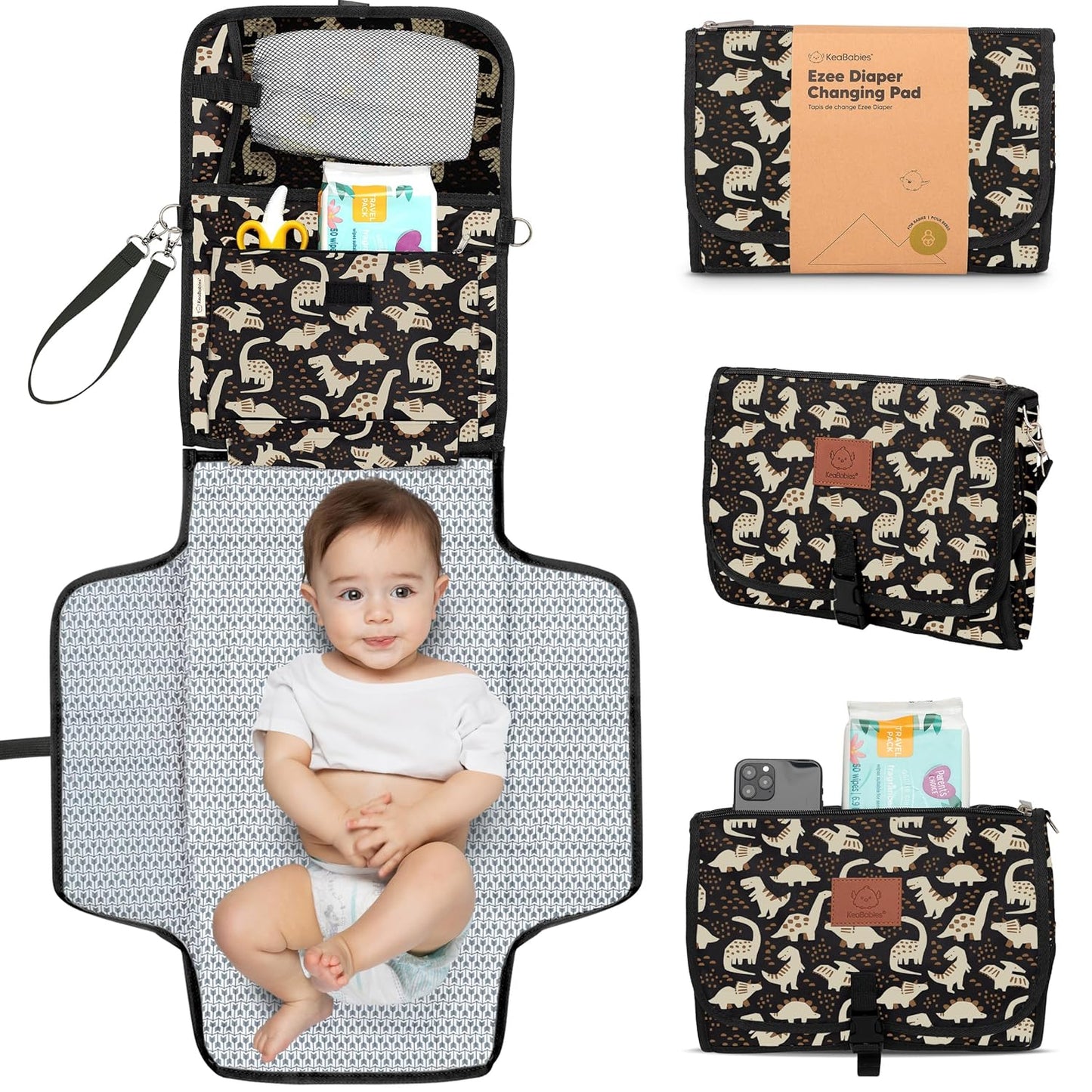 KeaBabies Portable Diaper Changing Pad - Large Waterproof Baby Changing Mat, Compact Travel Diaper Clutch, Functional Pockets Fit Newborn Essentials, Wipeable & Padded Baby Changer (Dino Ridge)