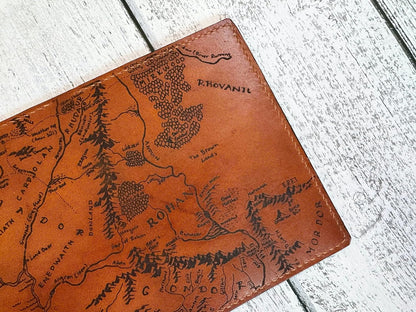 Handmade Leather Passport Wallet with Ancient Map Design, 4 Pockets, Genuine Brown Leather - 1LE
