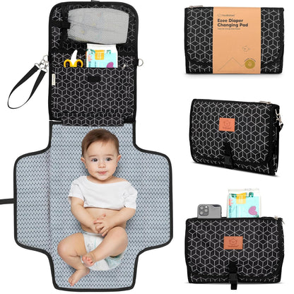 KeaBabies Portable Diaper Changing Pad - Large Waterproof Baby Changing Mat, Compact Travel Diaper Clutch, Functional Pockets Fit Newborn Essentials, Wipeable & Padded Baby Changer (Black Geo)