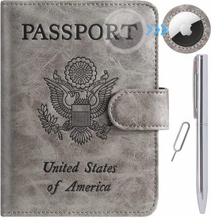 Airtag Passport Holder Cover Wallet RFID Blocking Leather Case Travel Essentials Luggage Accessories Travel Must Have(118#Grey)