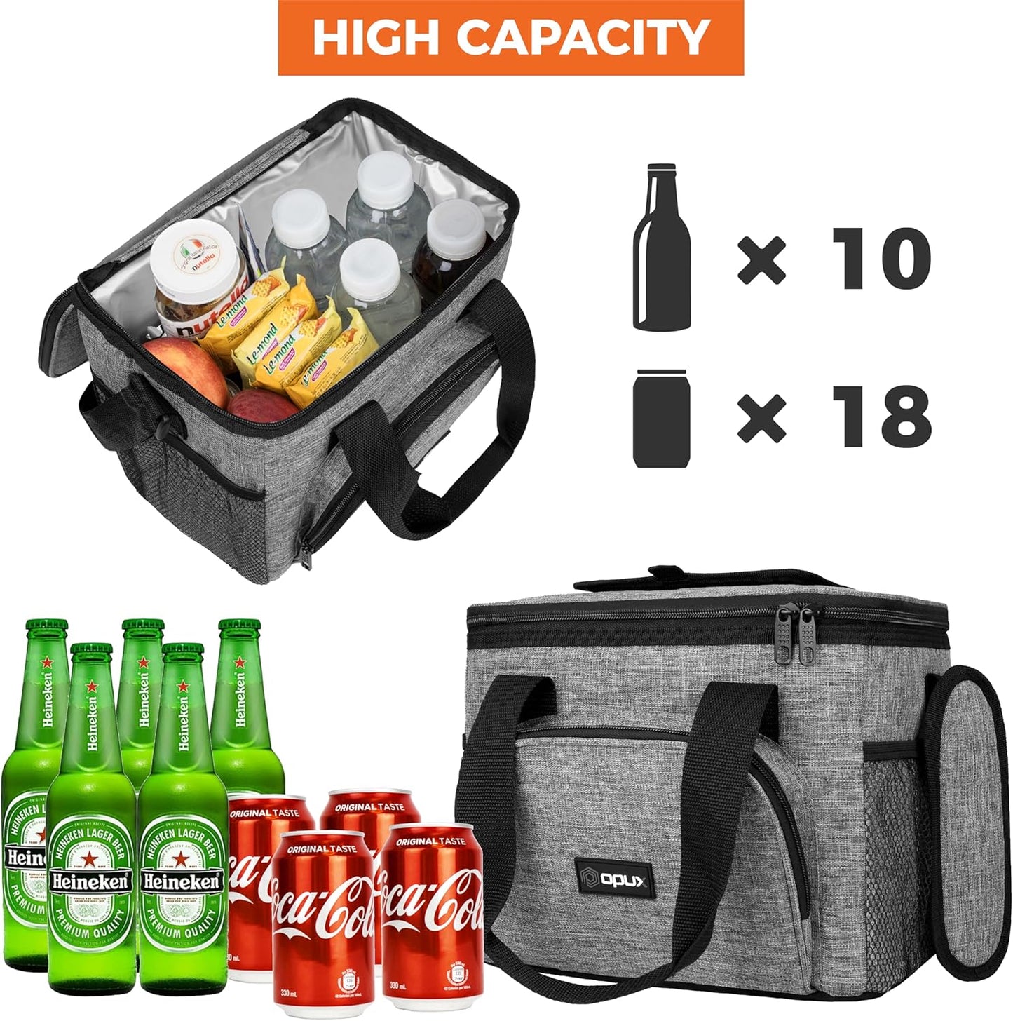 OPUX Soft Cooler Bag, Insulated Collapsible Lunch Cooler Bag for Men Work Camping Beach Travel, Portable Soft Sided Leakproof Waterproof Large Lunch Bag Box with Shoulder Strap 18 Cans, Heather Gray