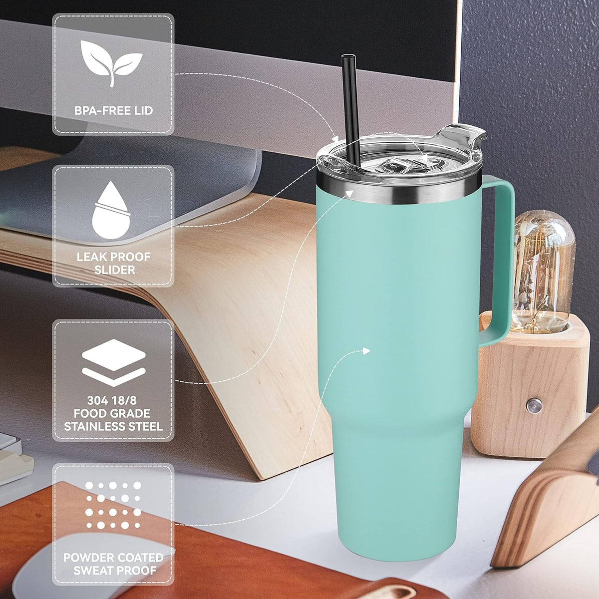 HASLE OUTFITTERS 40 oz Stainless Steel Tumbler with Handle, Vacuum Insulated Tumblers Bulk, Reusable Double Wall Travel Coffee Mug, Durable Powder Coated Water Bottles(Mint Green, 4)